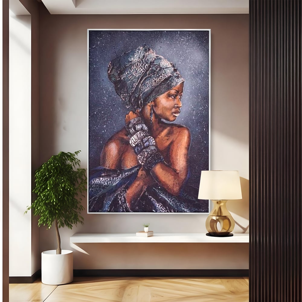 Tablou canvas cu tablou canvas cu portret de femeie africana, in rama de aluminiu argintiu